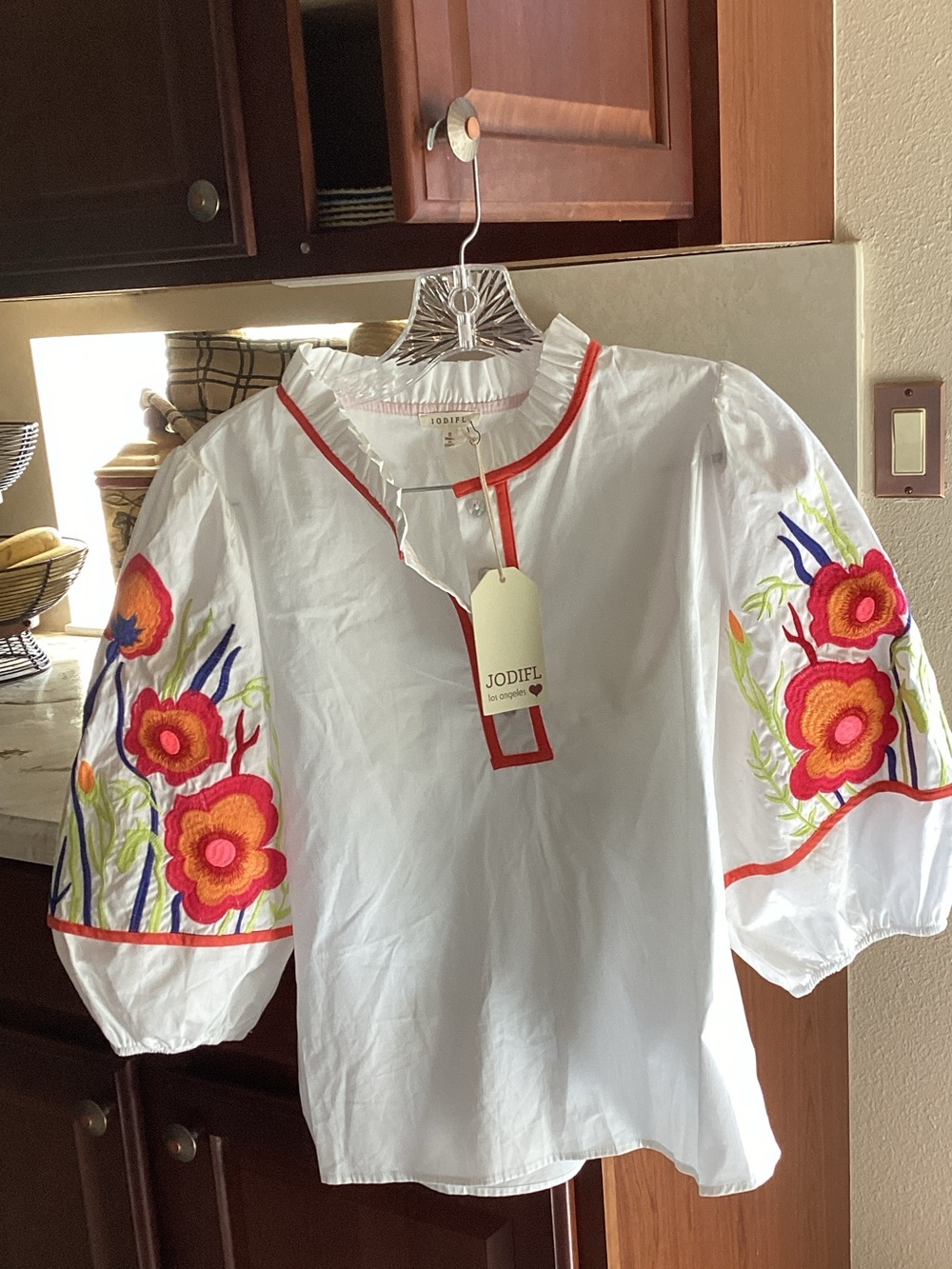 JODIFL White Cotton Puff-Sleeve Top with Orange & Red Floral Embroidery